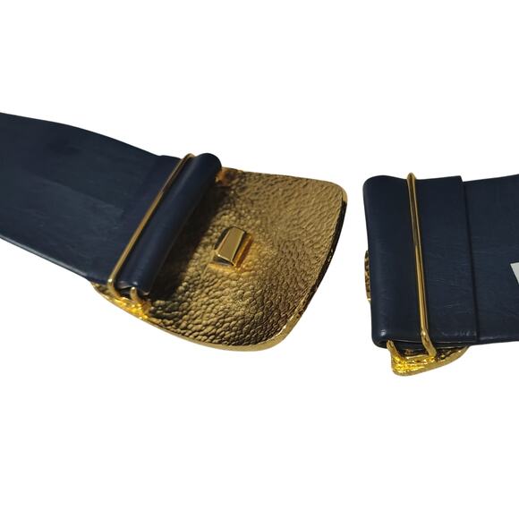 Wide Blue Leather Belt Gold Crocodile Print Huge Belt Buckle Hook Closure OS main image 7